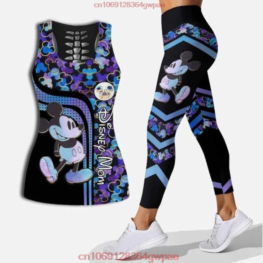 New Mickey Mouse Women's Hollow Vest Women's Leggings Yoga Suit Fitness Leggings Sports Suit Disney Tank Top Legging Set Outfit