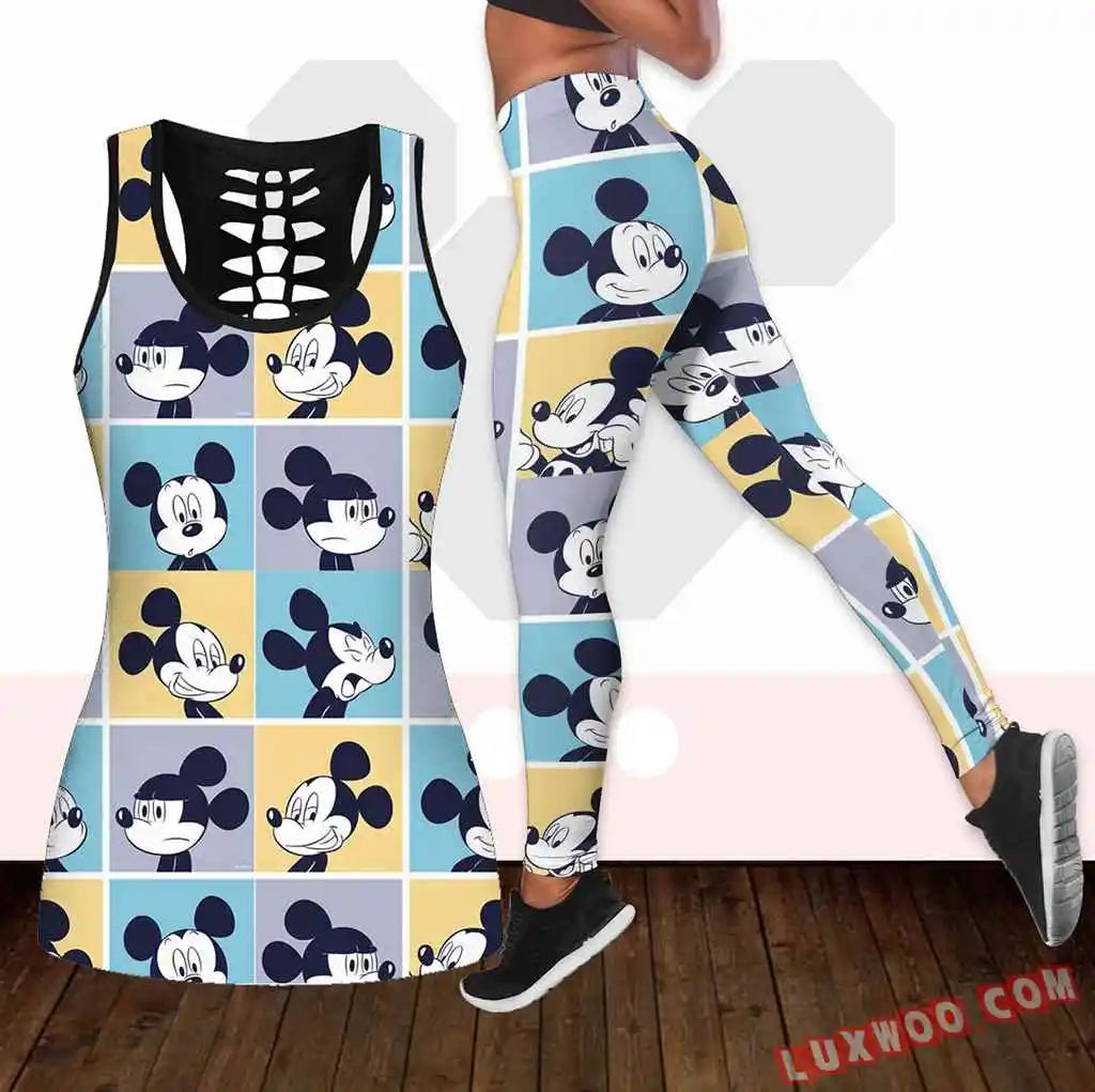 Mickey Mouse Women's Hollow Vest + Women's Leggings Yoga Suit Fitness Leggings Sports Suit Disney Tank Top Legging Set Outfit