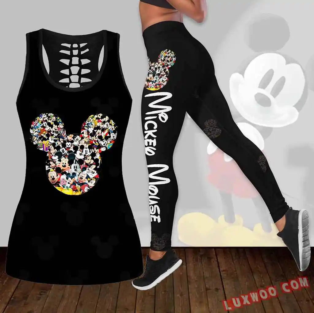 Mickey Mouse Women's Hollow Vest + Women's Leggings Yoga Suit Fitness Leggings Sports Suit Disney Tank Top Legging Set Outfit