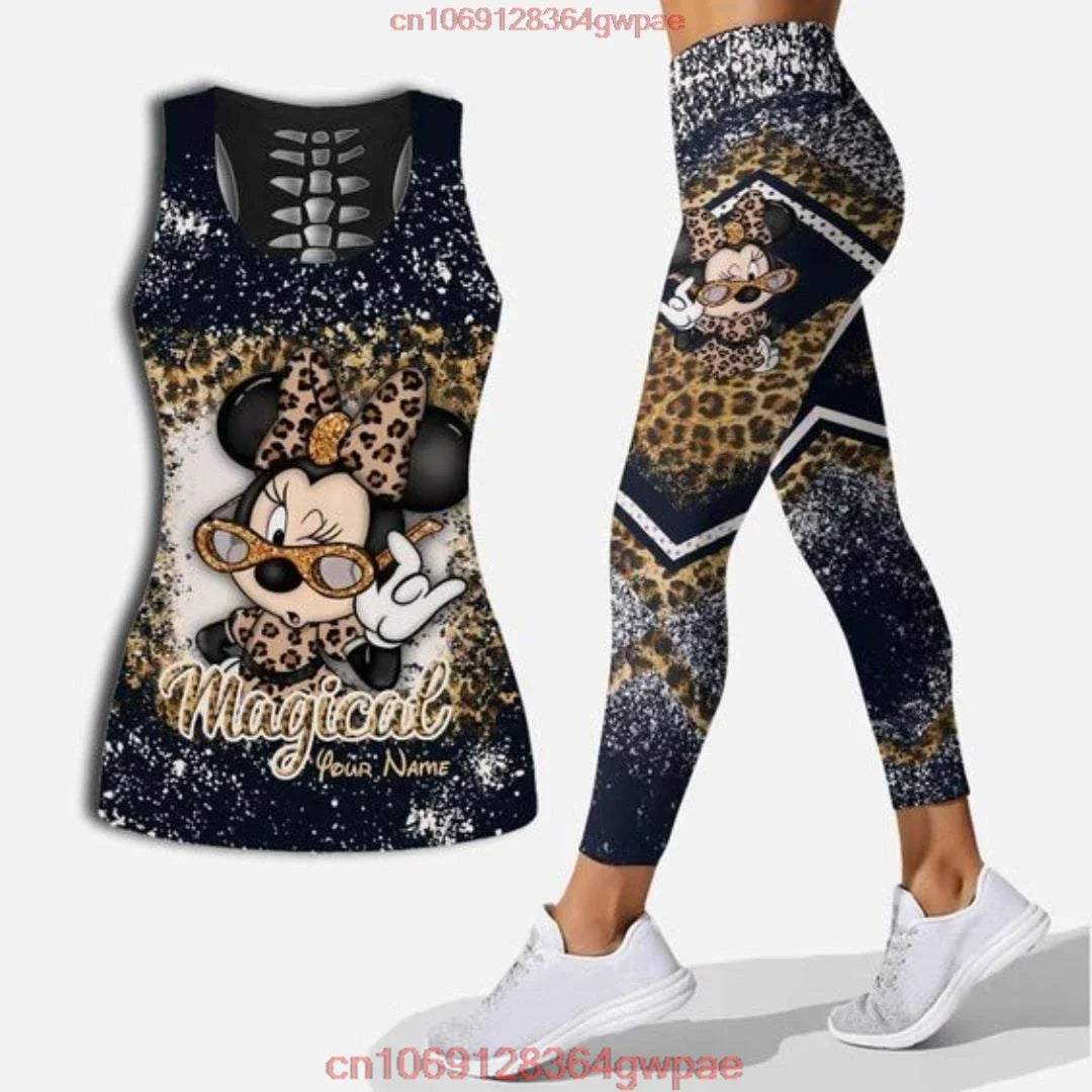 New Mickey Mouse Women's Hollow Vest Women's Leggings Yoga Suit Fitness Leggings Sports Suit Disney Tank Top Legging Set Outfit