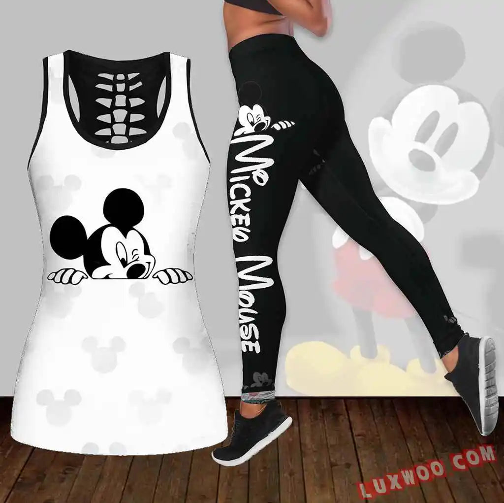 Mickey Mouse Women's Hollow Vest + Women's Leggings Yoga Suit Fitness Leggings Sports Suit Disney Tank Top Legging Set Outfit