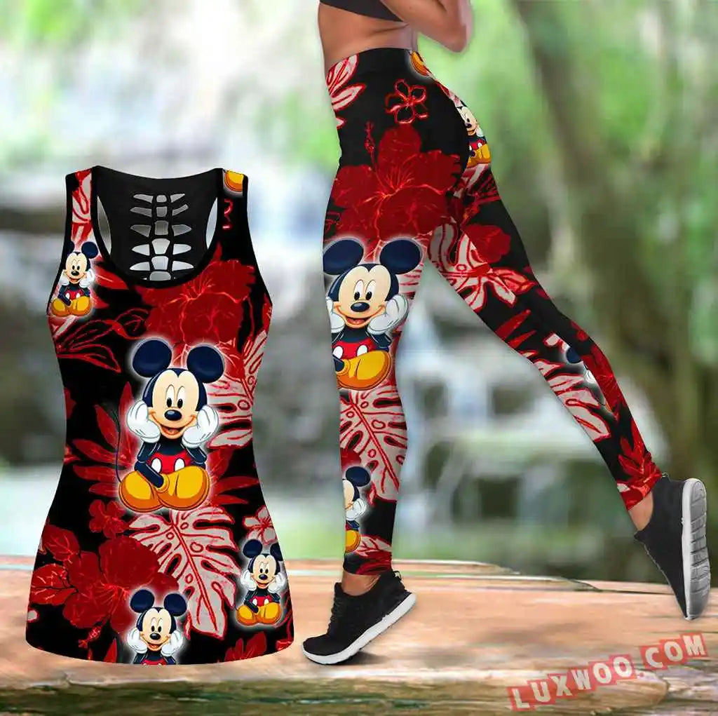 Mickey Mouse Women's Hollow Vest + Women's Leggings Yoga Suit Fitness Leggings Sports Suit Disney Tank Top Legging Set Outfit