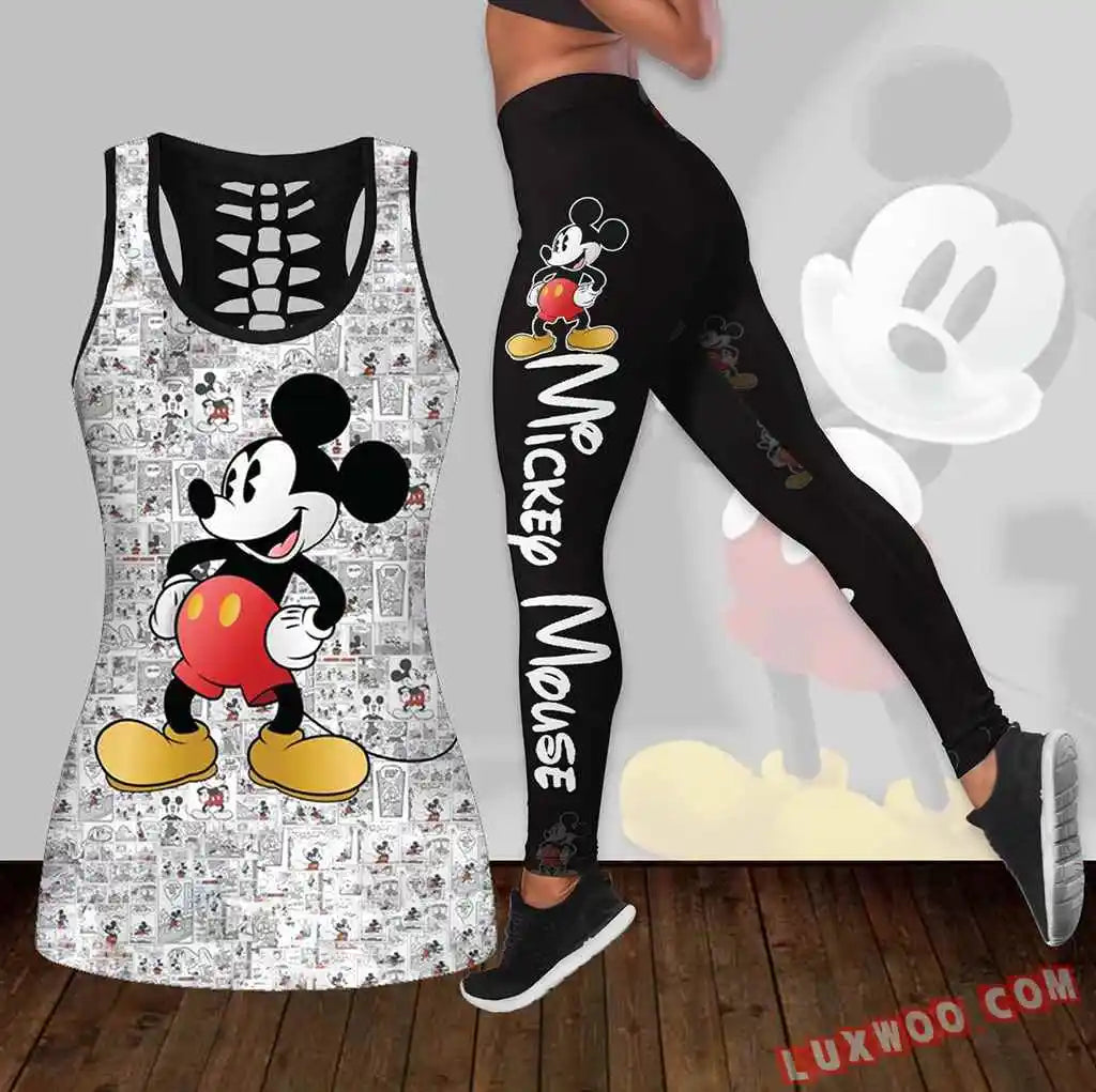 Mickey Mouse Women's Hollow Vest + Women's Leggings Yoga Suit Fitness Leggings Sports Suit Disney Tank Top Legging Set Outfit