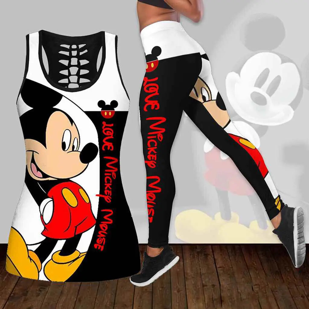 Mickey Mouse Women's Hollow Vest + Women's Leggings Yoga Suit Fitness Leggings Sports Suit Disney Tank Top Legging Set Outfit