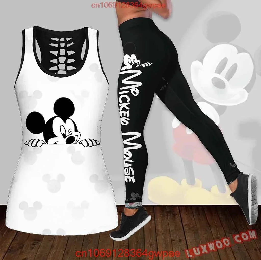 New Mickey Mouse Women's Hollow Vest Women's Leggings Yoga Suit Fitness Leggings Sports Suit Disney Tank Top Legging Set Outfit