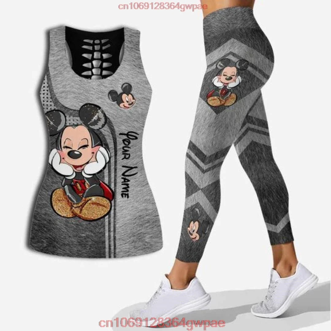 New Mickey Mouse Women's Hollow Vest Women's Leggings Yoga Suit Fitness Leggings Sports Suit Disney Tank Top Legging Set Outfit