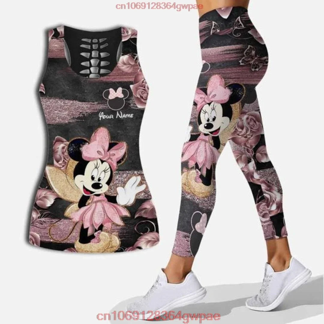 New Mickey Mouse Women's Hollow Vest Women's Leggings Yoga Suit Fitness Leggings Sports Suit Disney Tank Top Legging Set Outfit