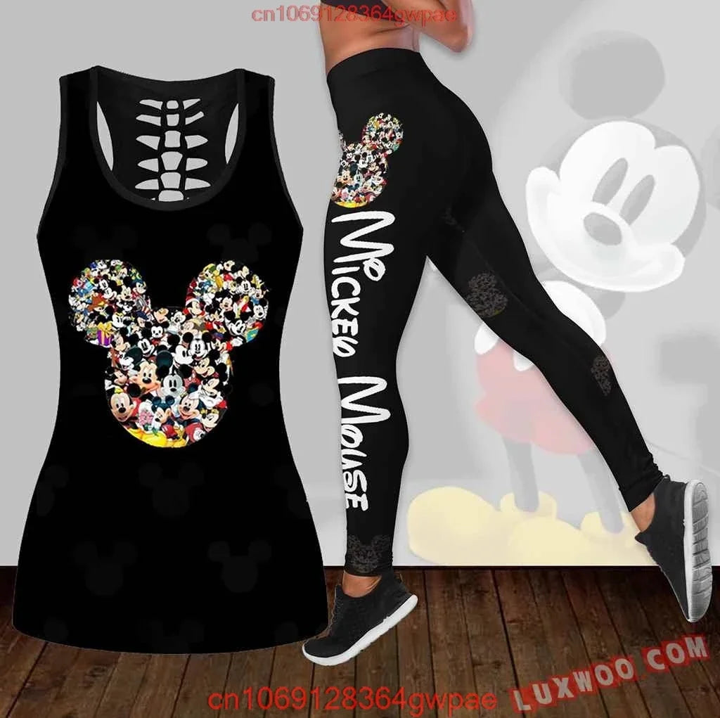 New Mickey Mouse Women's Hollow Vest Women's Leggings Yoga Suit Fitness Leggings Sports Suit Disney Tank Top Legging Set Outfit