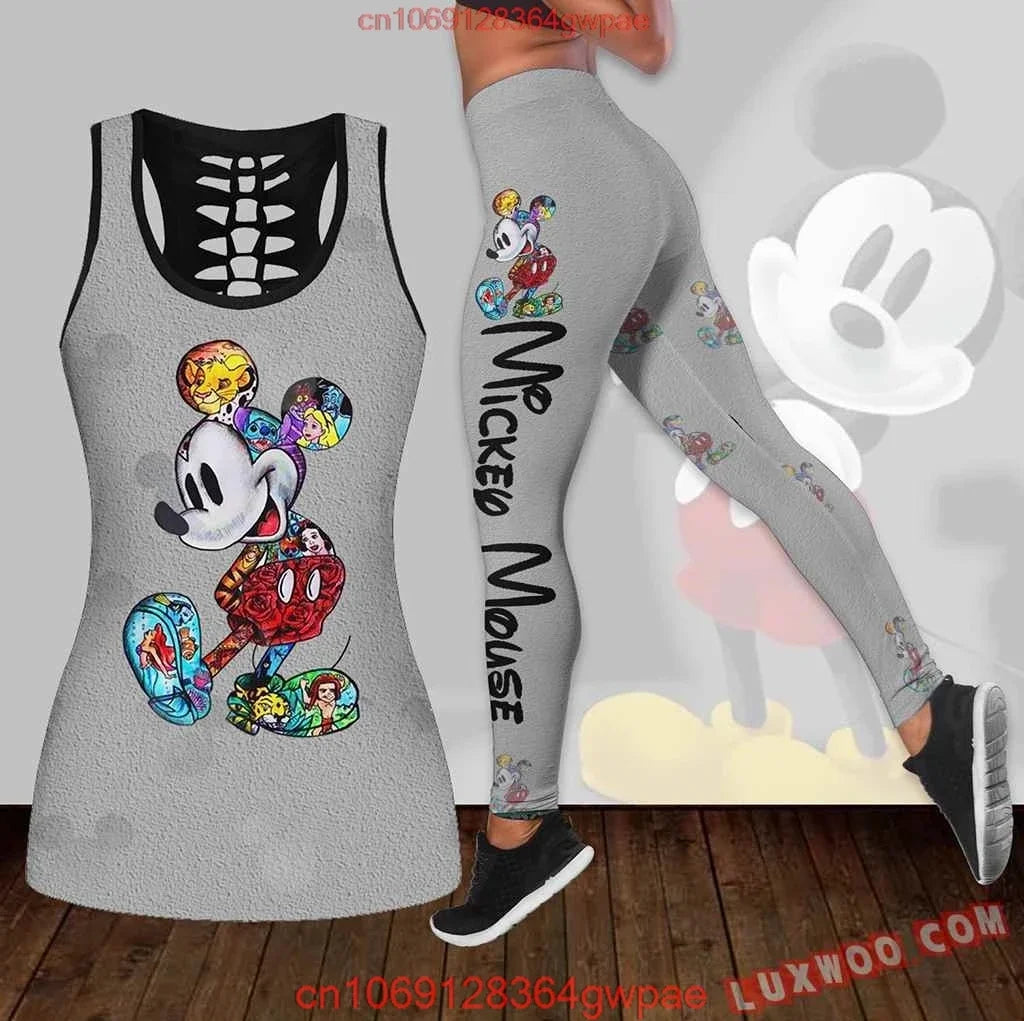 New Mickey Mouse Women's Hollow Vest Women's Leggings Yoga Suit Fitness Leggings Sports Suit Disney Tank Top Legging Set Outfit