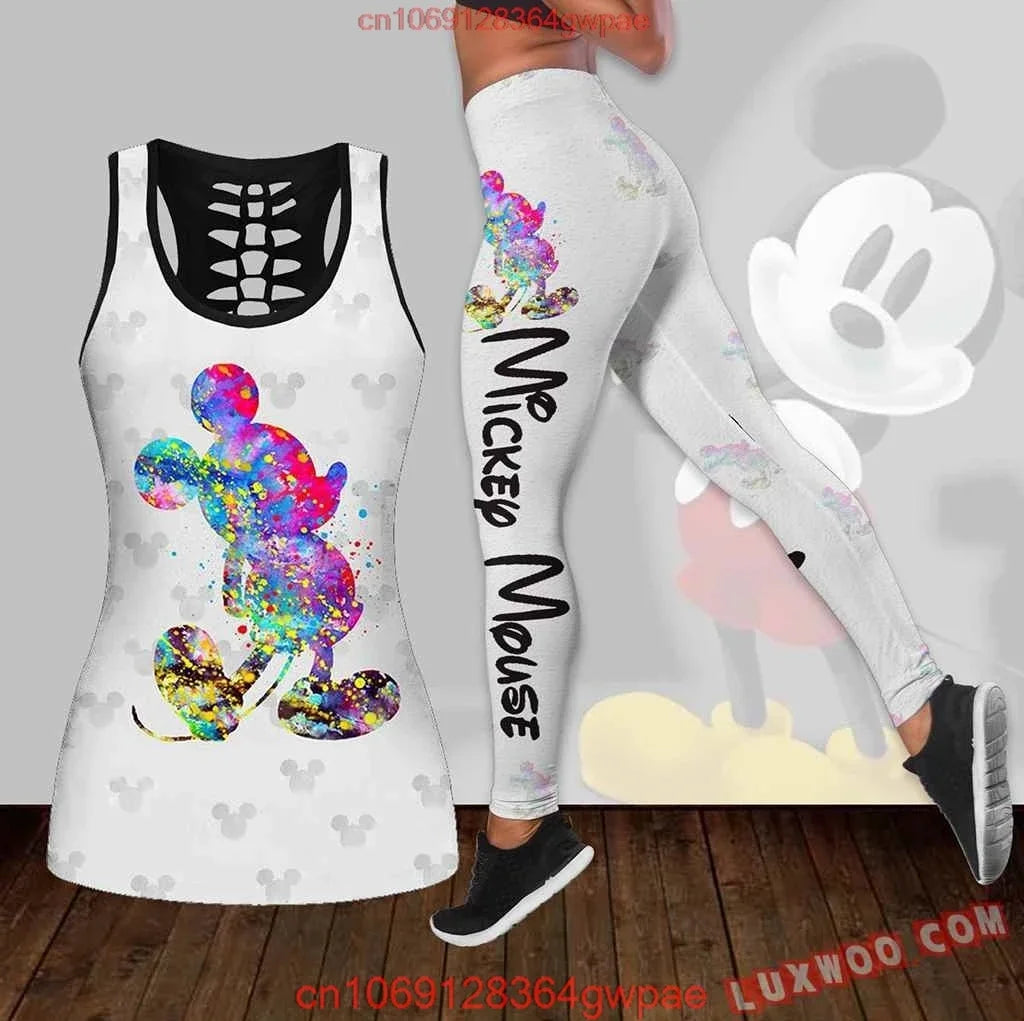 New Mickey Mouse Women's Hollow Vest Women's Leggings Yoga Suit Fitness Leggings Sports Suit Disney Tank Top Legging Set Outfit