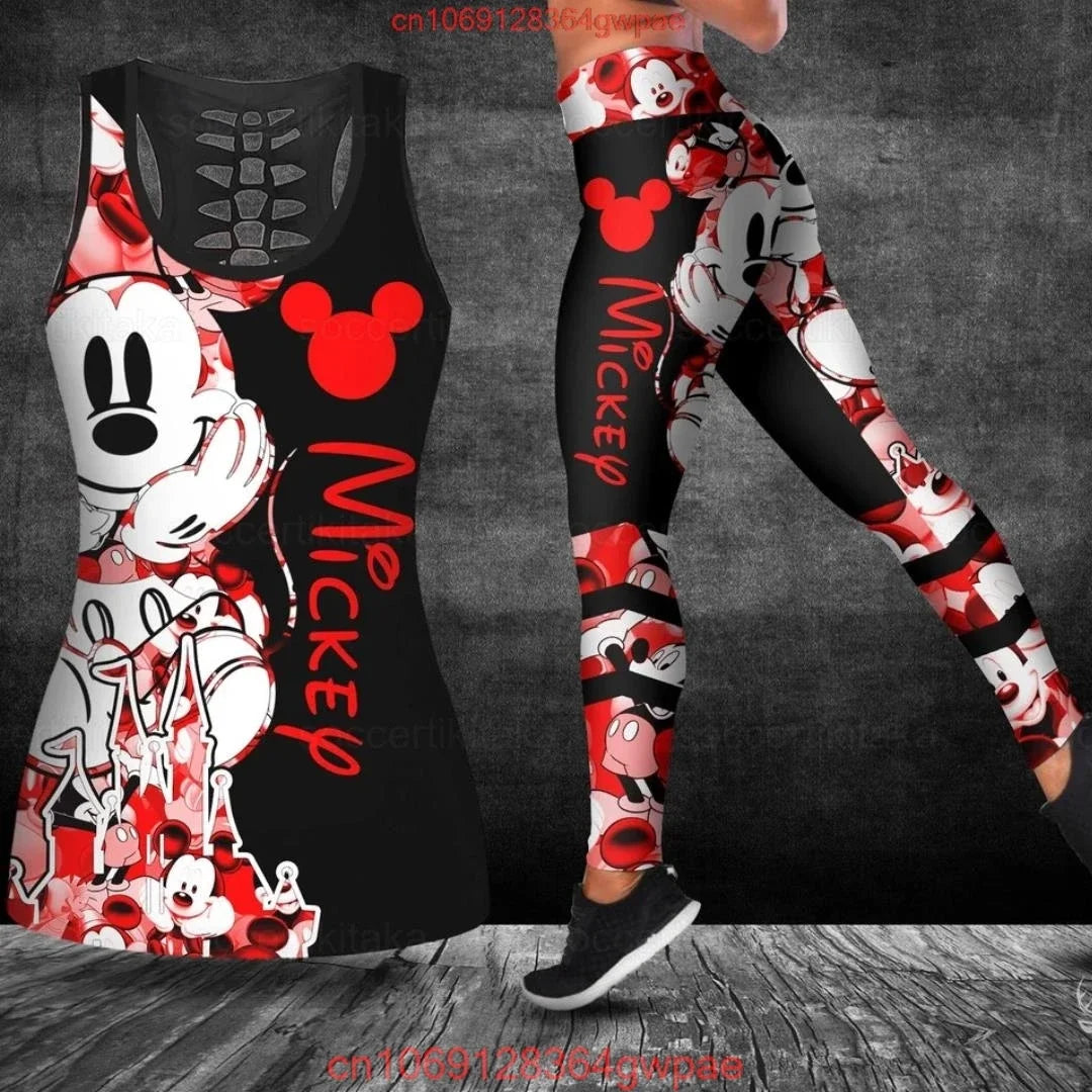 New Mickey Mouse Women's Hollow Vest Women's Leggings Yoga Suit Fitness Leggings Sports Suit Disney Tank Top Legging Set Outfit