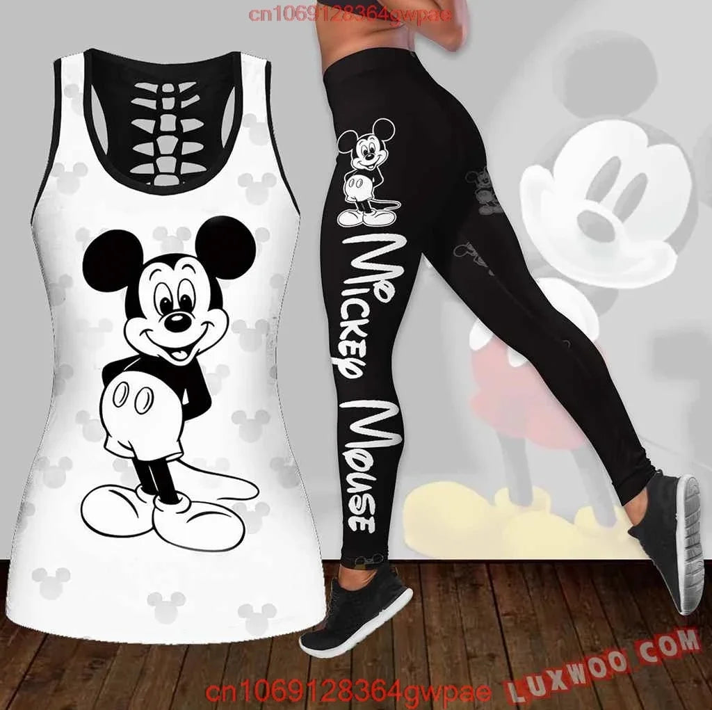 New Mickey Mouse Women's Hollow Vest Women's Leggings Yoga Suit Fitness Leggings Sports Suit Disney Tank Top Legging Set Outfit