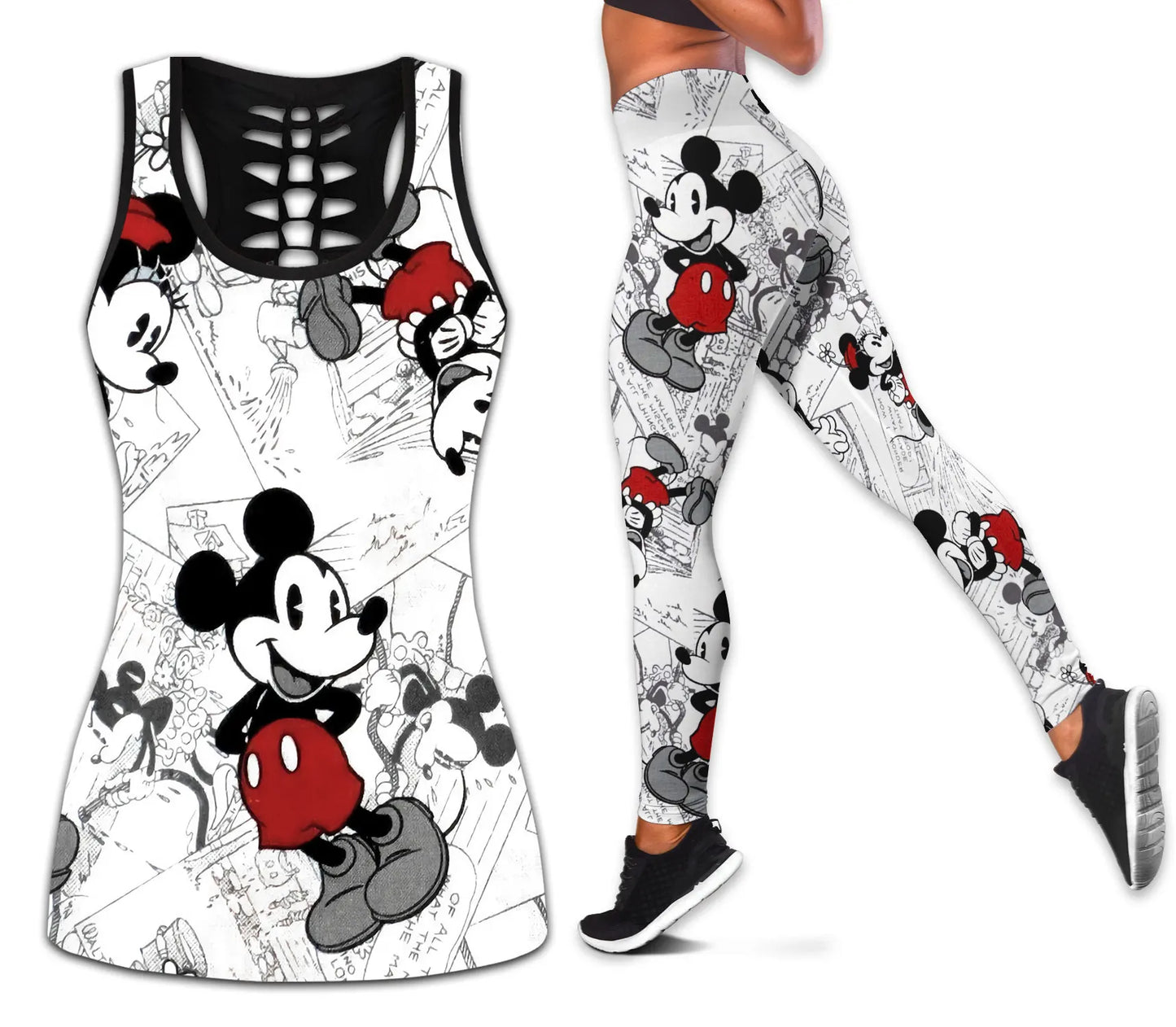 Mickey Mouse Women's Hollow Vest + Women's Leggings Yoga Suit Fitness Leggings Sports Suit Disney Tank Top Legging Set Outfit