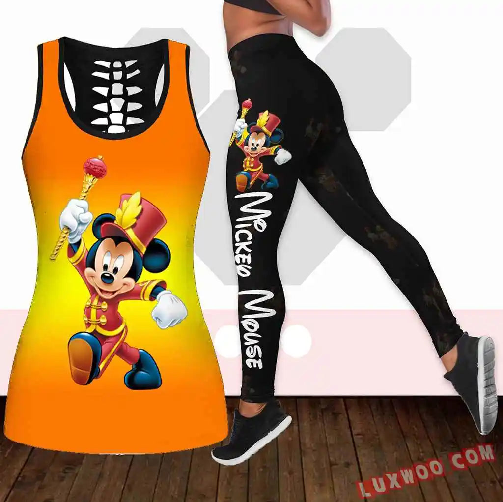 Mickey Mouse Women's Hollow Vest + Women's Leggings Yoga Suit Fitness Leggings Sports Suit Disney Tank Top Legging Set Outfit