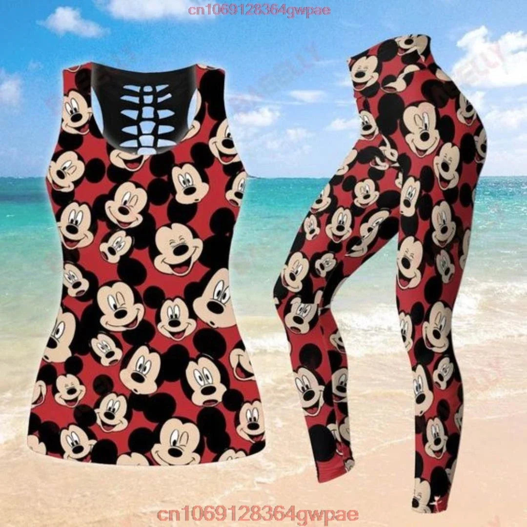 New Mickey Mouse Women's Hollow Vest Women's Leggings Yoga Suit Fitness Leggings Sports Suit Disney Tank Top Legging Set Outfit