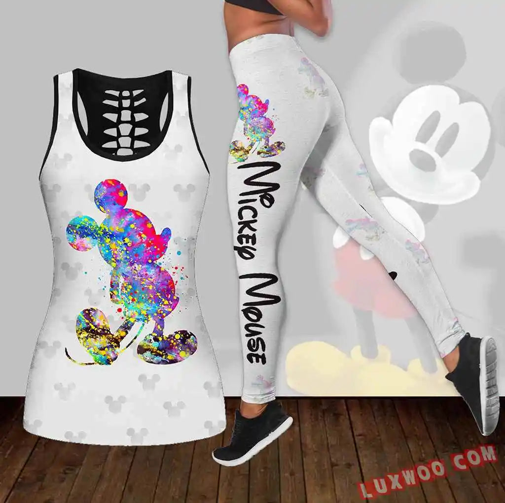 Mickey Mouse Women's Hollow Vest + Women's Leggings Yoga Suit Fitness Leggings Sports Suit Disney Tank Top Legging Set Outfit